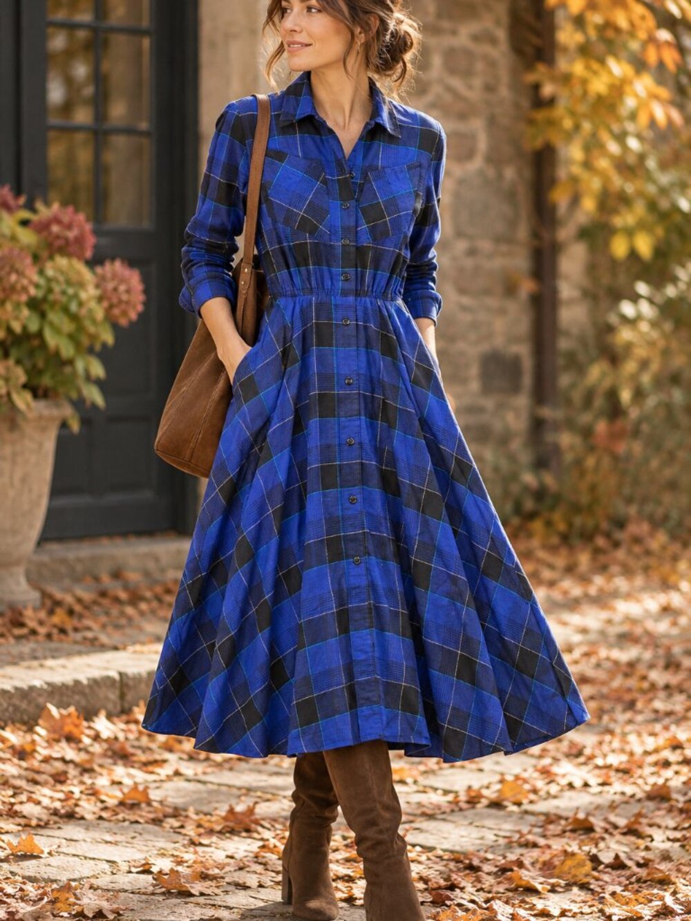 Vintage Dennis Goldsmith Plaid Shirtdress S 100% Cotton Blue Black Fit Flare 6
